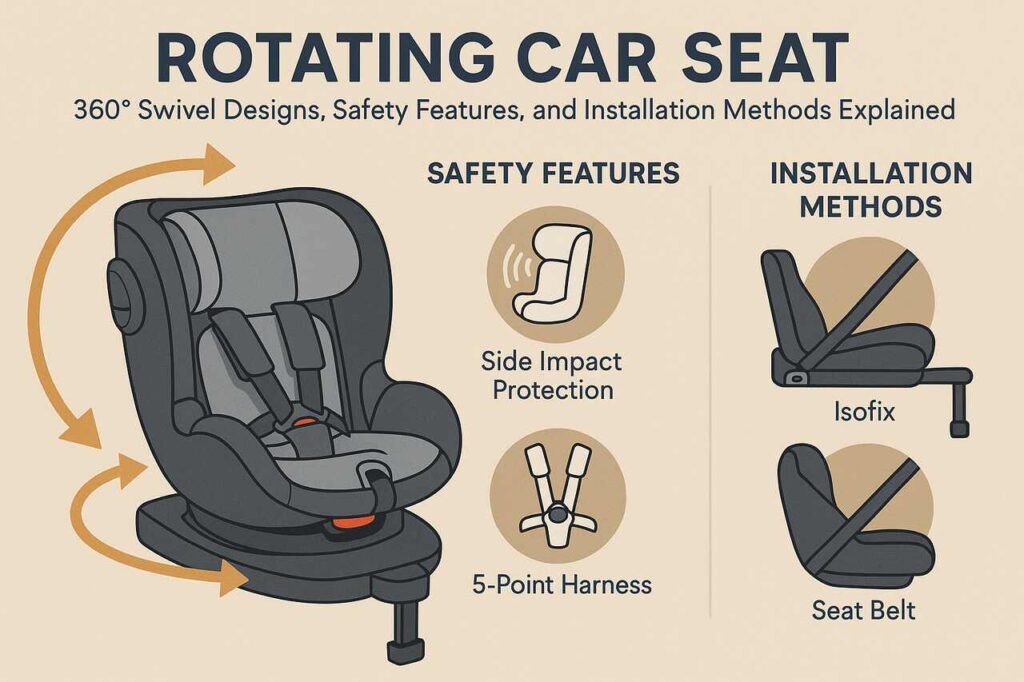360-degree rotating car seat with safety features and installation methods explained.