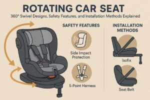 360-degree rotating car seat with safety features and installation methods explained.