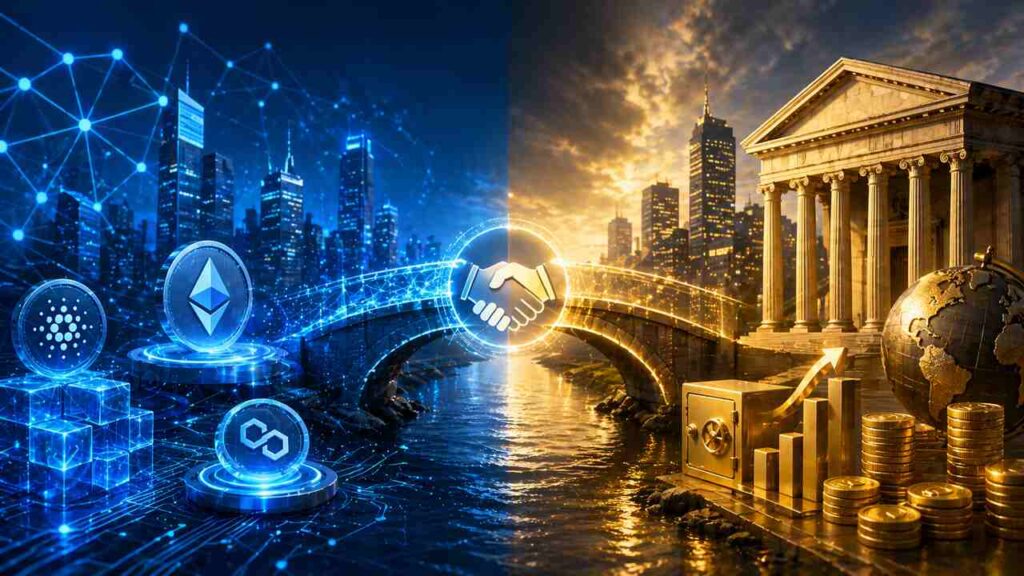 Research Will Explore More, Such as Whether a Mix of DeFi and Traditional Finance (CeFi) Could Work? DeFi and CeFi integration concept with bridge connecting blockchain and traditional banking systems