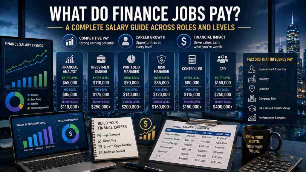 Finance job salaries across roles and experience levels infographic